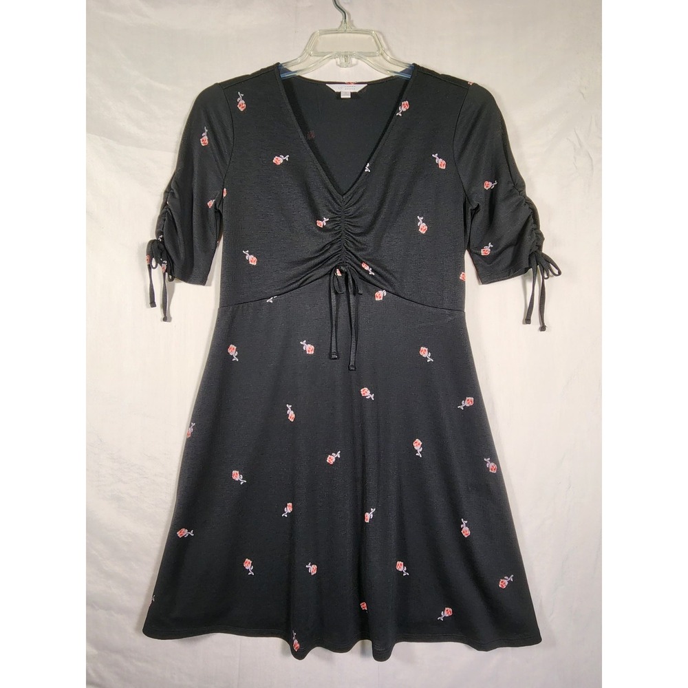 Lauren Conrad Womens Small Black Rose Dress Floral Ruched Drawstring Cottagecore